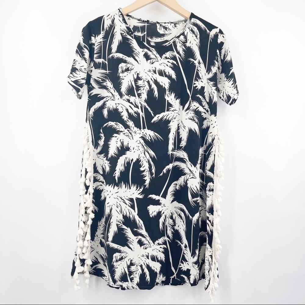 BEACH COVERUP From Thailand Fringe Pom Pom Side Slits B&W Swim Pool Sexy Small